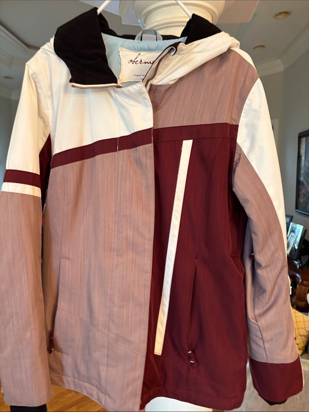 Women's Colorblock Hooded Jacket in Burgundy, Cream & Taupe